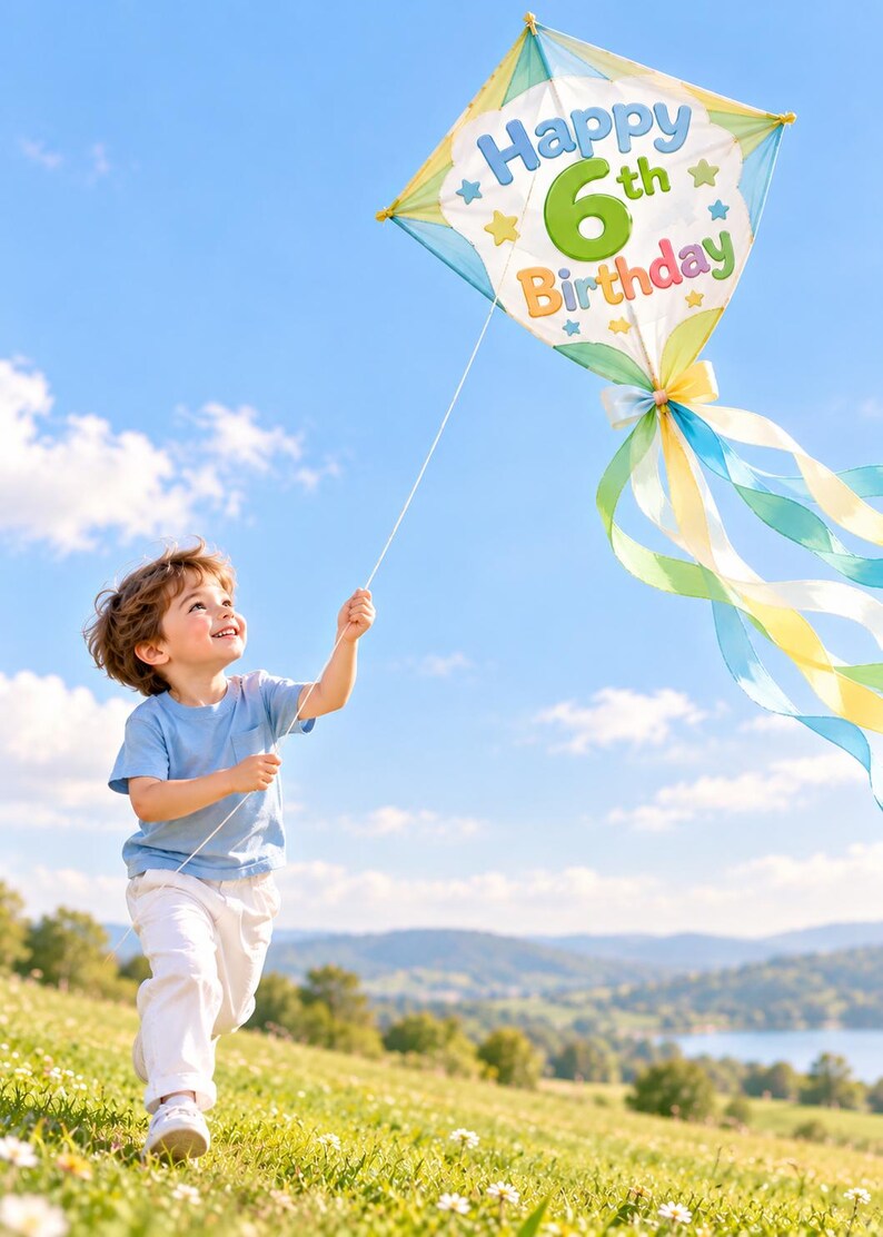 May include: A diamond-shaped kite featuring the text Happy 6th Birthday in blue, green, and orange lettering. The kite is decorated with small yellow and blue stars, and it has long, flowing ribbons in shades of blue, green, and yellow.
