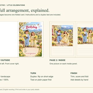 May include: A digital template for a folded birthday invitation card featuring a garden scene with two children. The design includes text fields for party details, instructions for printing on US Letter paper, and a layout showing the front and inside panels.