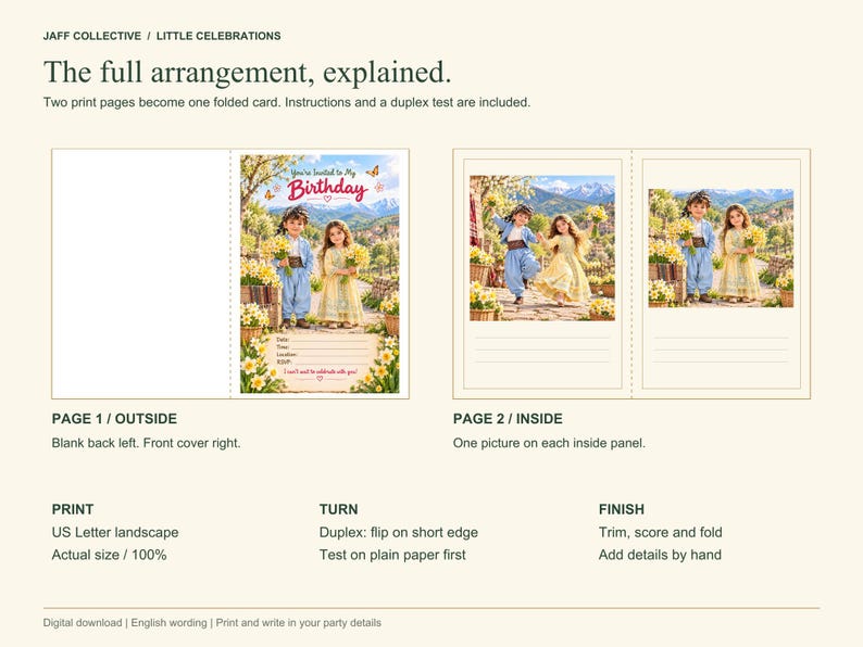 May include: A digital template for a folded birthday invitation card featuring a garden scene with two children. The design includes text fields for party details, instructions for printing on US Letter paper, and a layout showing the front and inside panels.