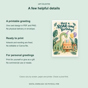 May include: A digital greeting card design featuring a green dinosaur wearing a party hat next to a birthday cake with candles, balloons, and a gift. The text reads Have a ROAR-some Birthday! The background includes tropical leaves and flowers.