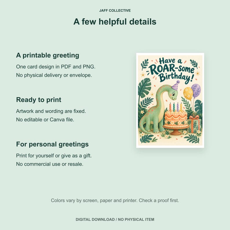 May include: A digital greeting card design featuring a green dinosaur wearing a party hat next to a birthday cake with candles, balloons, and a gift. The text reads Have a ROAR-some Birthday! The background includes tropical leaves and flowers.