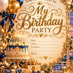 Puede incluir: Una tarjeta de invitación de cumpleaños con un marco dorado ornamentado, globos azul marino y dorados, y un pastel de varios niveles con velas encendidas. El texto dice You're Invited to My Birthday PARTY, con líneas para Date, Time, Location, RSVP.