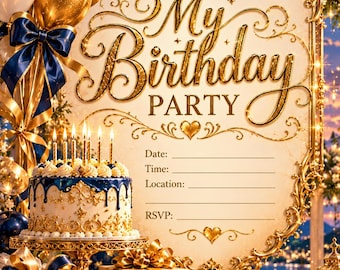 May include: A birthday party invitation card featuring an ornate gold frame, navy blue and gold balloons, and a tiered cake with lit candles. The text reads You're Invited to My Birthday PARTY, with blank lines for Date, Time, Location, and RSVP.