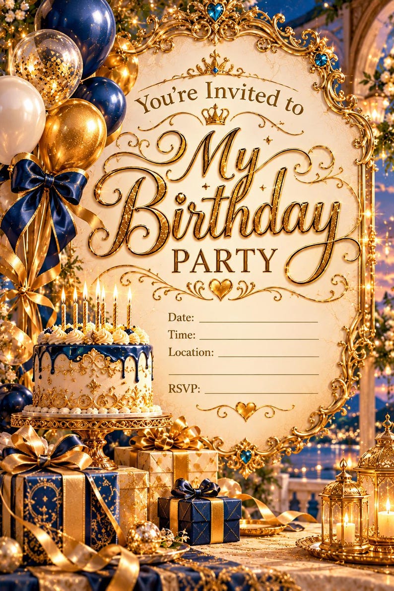 K&ouml;nnte beinhalten: Eine Geburtstagseinladungskarte mit einem verzierten Goldrahmen, marineblauen und goldenen Luftballons sowie einer Torte mit brennenden Kerzen. Der Text lautet You're Invited to My Birthday PARTY, mit Leerzeilen f&uuml;r Date, Time, Location und RSVP.