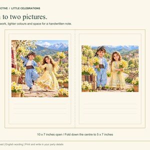 May include: A digital greeting card template titled JAFF COLLECTIVE / LITTLE CELEBRATIONS, Open to two pictures. Existing artwork, lighter colours and space for a handwritten note. The card measures 10 x 7 inches open and 5 x 7 inches folded.