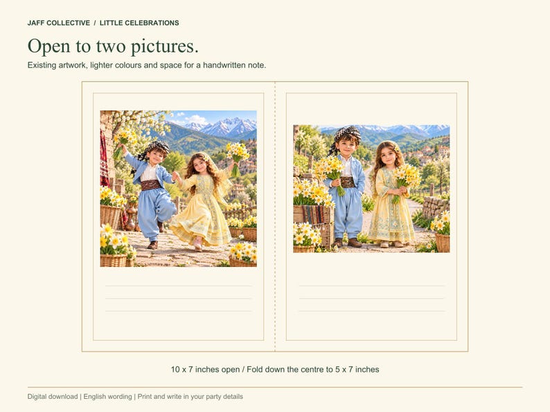 May include: A digital greeting card template titled JAFF COLLECTIVE / LITTLE CELEBRATIONS, Open to two pictures. Existing artwork, lighter colours and space for a handwritten note. The card measures 10 x 7 inches open and 5 x 7 inches folded.