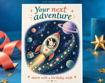 Könnte beinhalten: Eine 12,7 x 17,8 cm große, druckbare Weltraum-Geburtstagskarte mit einer Rakete und einem weißen Hasen als Pilot in einem dunkelblauen Sternenhimmel mit Planeten. Der Text lautet Your next adventure starts with a birthday wish. Digitaler Download.