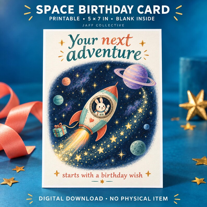 May include: A 5x7 inch printable space birthday card featuring a rocket ship with a white rabbit pilot flying through a dark blue starry sky with planets. The text reads Your next adventure starts with a birthday wish. It is a digital download.