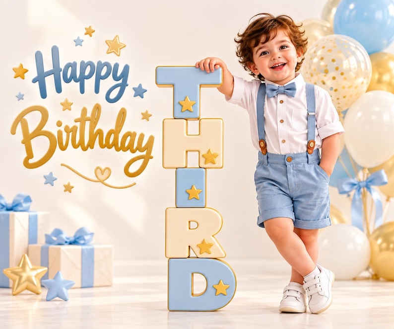 May include: A toddler wearing a white button-down shirt, a light blue bowtie, light blue suspenders, and matching shorts, standing next to a vertical stack of light blue and cream-colored blocks spelling the word THIRD with gold star accents.