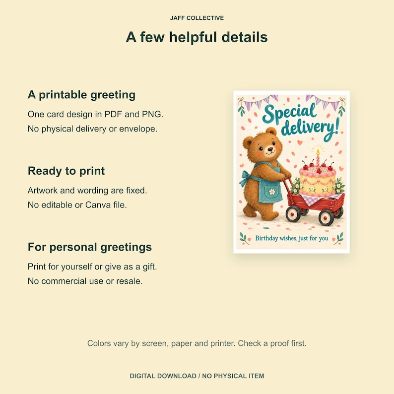May include: A digital greeting card design featuring a brown bear wearing a blue apron, pulling a red wagon with a birthday cake. The text reads Special delivery! and Birthday wishes, just for you. The background is cream with text details.