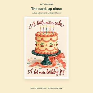 May include: A greeting card featuring a cream-colored cake with pink frosting, cherries, and five lit candles on a teal pedestal stand. The text reads A little more cake and A lot more birthday joy in red script, with a pink ribbon and small flowers.