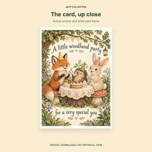 May include: A greeting card featuring a fox, a hedgehog, and a rabbit wearing party hats at a table with a cake and tea. The text reads A little woodland party for a very special you. The illustration includes oak trees, flowers, and a lantern.