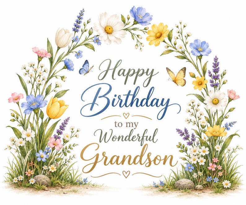 May include: A greeting card featuring a floral arch of white, yellow, pink, and blue wildflowers with two butterflies. The text reads Happy Birthday to my Wonderful Grandson in blue and gold script, accented by two small heart symbols.