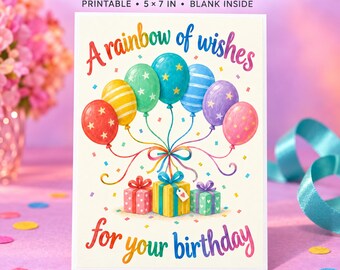 Könnte beinhalten: Eine rechteckige Geburtstagskarte mit dem Text A rainbow of wishes for your birthday. Das Design zeigt bunte Luftballons in Rot, Gelb, Grün, Blau, Lila und Pink sowie drei verpackte Geschenke und Konfetti auf einem weißen Hintergrund.