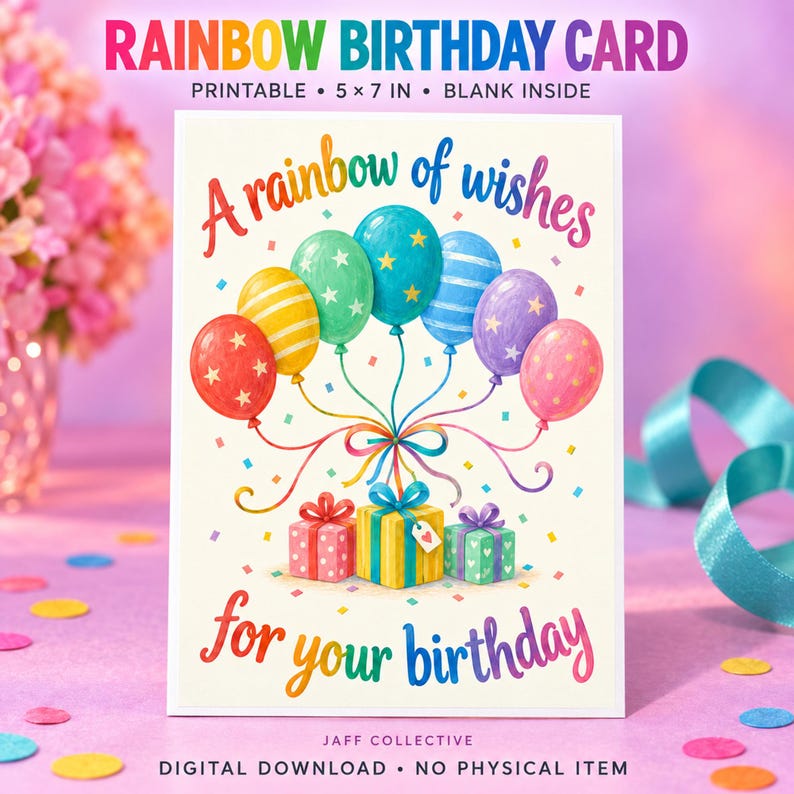 May include: A rectangular birthday card featuring the text A rainbow of wishes for your birthday. The design includes colorful balloons in red, yellow, green, blue, purple, and pink, along with three wrapped gift boxes and confetti on a white background.