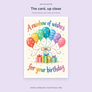 May include: A greeting card featuring the text A rainbow of wishes for your birthday in colorful letters. The design includes a cluster of multi-colored balloons with strings tied to three wrapped gift boxes, surrounded by small confetti shapes.