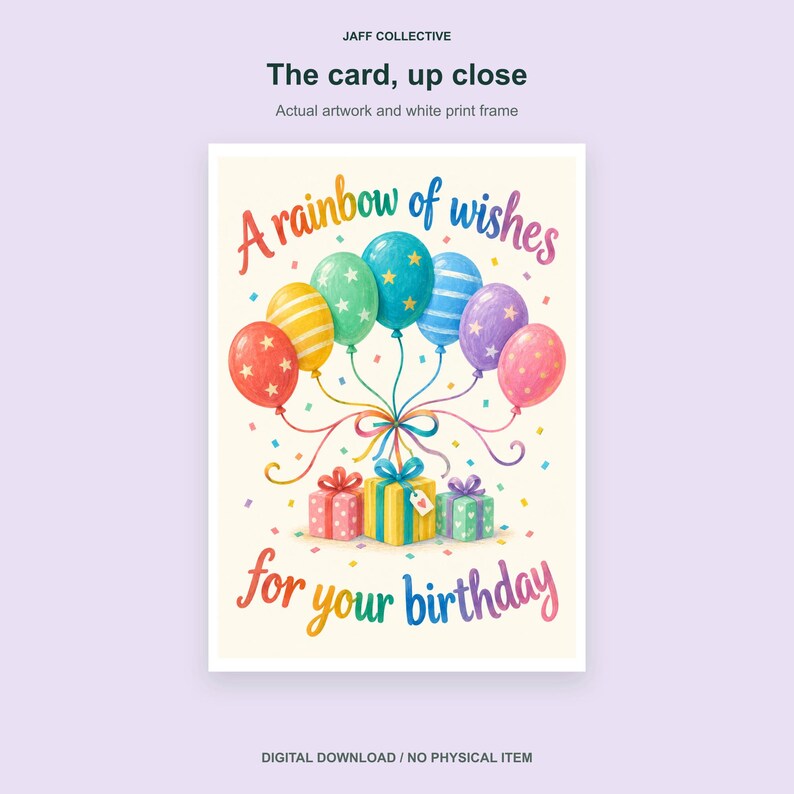 May include: A greeting card featuring the text A rainbow of wishes for your birthday in colorful letters. The design includes a cluster of multi-colored balloons with strings tied to three wrapped gift boxes, surrounded by small confetti shapes.
