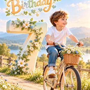 May include: A child with brown hair wearing a white t-shirt and blue jeans riding a light-colored bicycle with a wicker basket filled with white and blue flowers. Beside the path stands a large number seven decorated with white and blue flowers.