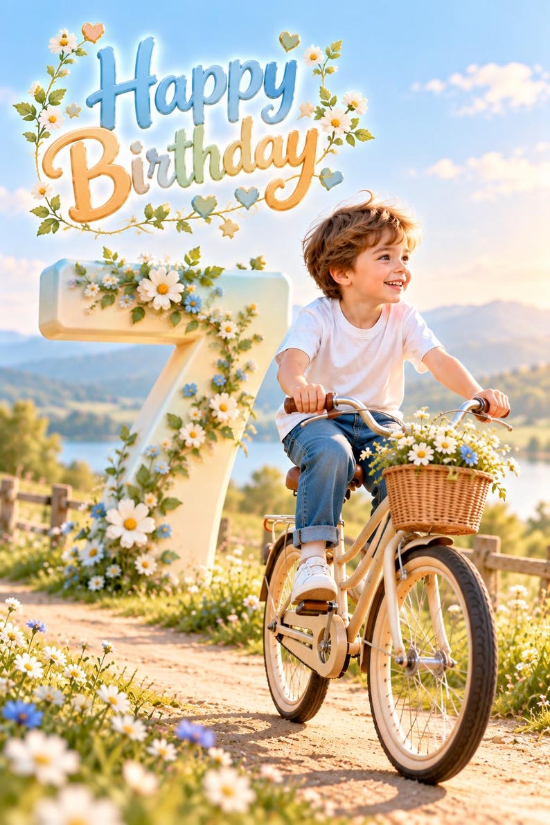 May include: A child with brown hair wearing a white t-shirt and blue jeans riding a light-colored bicycle with a wicker basket filled with white and blue flowers. Beside the path stands a large number seven decorated with white and blue flowers.