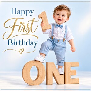May include: A toddler wearing a white button-down shirt, a blue bow tie, light blue suspenders, and matching trousers with white sneakers. The child holds a wooden number one, standing behind large wooden letters spelling out the word ONE.