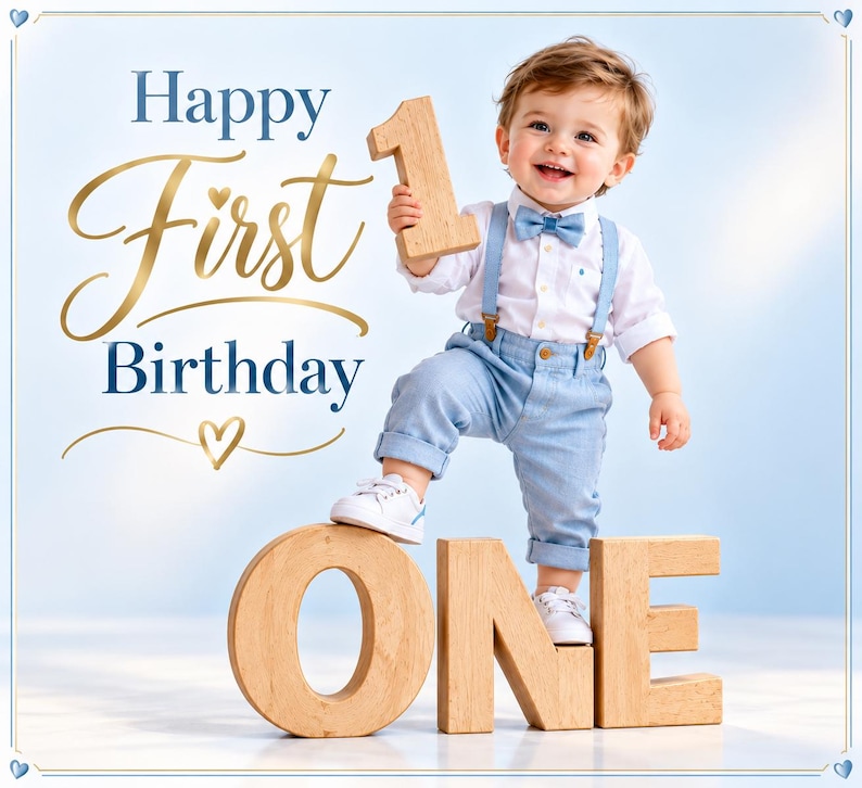 May include: A toddler wearing a white button-down shirt, a blue bow tie, light blue suspenders, and matching trousers with white sneakers. The child holds a wooden number one, standing behind large wooden letters spelling out the word ONE.