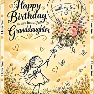 May include: A greeting card featuring a line-art illustration of a child holding a string attached to a hot air balloon basket filled with flowers. The text reads Happy Birthday to my beautiful Granddaughter, with my love, and I Love You.