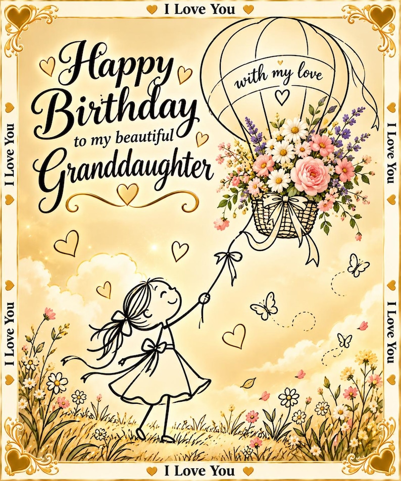 May include: A greeting card featuring a line-art illustration of a child holding a string attached to a hot air balloon basket filled with flowers. The text reads Happy Birthday to my beautiful Granddaughter, with my love, and I Love You.
