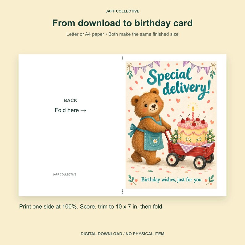 May include: A digital birthday card template featuring a brown bear in a blue apron pulling a red wagon with a pink cake. Text includes "Special delivery!", "Birthday wishes, just for you", "BACK", "Fold here", and "JAFF COLLECTIVE". Print instructions specify 10 x 7 in.