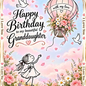 May include: A greeting card featuring a girl reaching toward a pink hot air balloon filled with flowers. Text reads Happy Birthday to my beautiful Granddaughter, with my love, and I Love You. The scene includes white doves and pink flower petals.