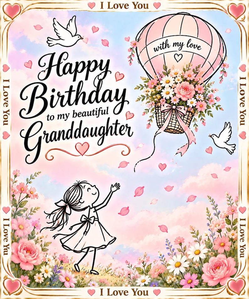 May include: A greeting card featuring a girl reaching toward a pink hot air balloon filled with flowers. Text reads Happy Birthday to my beautiful Granddaughter, with my love, and I Love You. The scene includes white doves and pink flower petals.