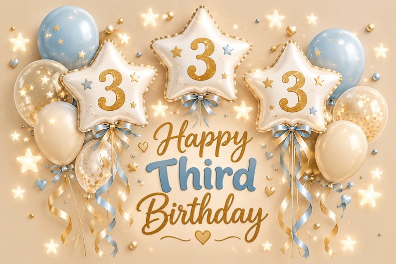 May include: A festive birthday display featuring three star-shaped balloons with the number 3 in gold, surrounded by light blue and cream-colored balloons, gold confetti, and glowing stars. The text Happy Third Birthday is centered in blue and gold.