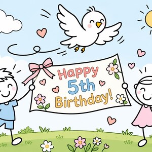 Pu&ograve; includere: Un'illustrazione a cartoni animati di due bambini che tengono uno striscione bianco con la scritta Happy 5th Birthday in lettere colorate. Un uccello bianco vola sopra, con un sole giallo, nuvole, farfalle e fiori sullo sfondo.