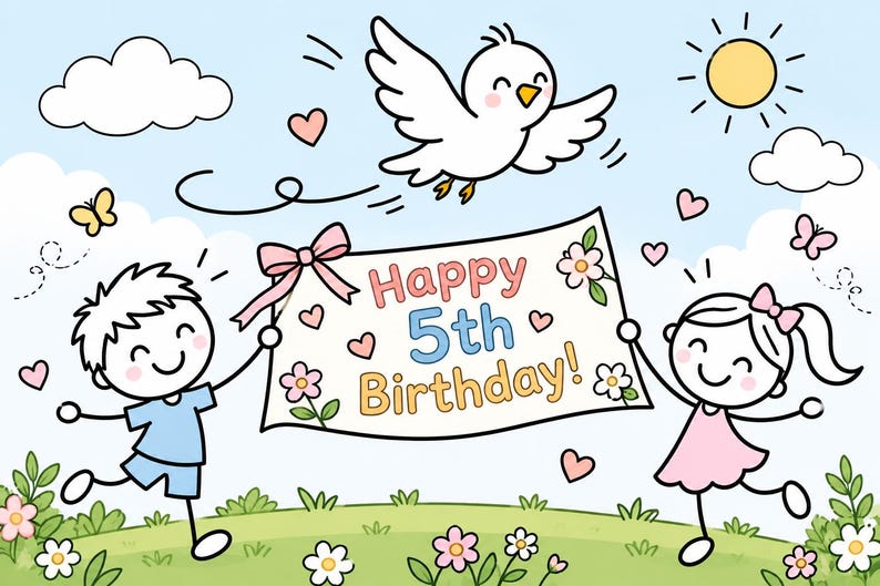 Pu&ograve; includere: Un'illustrazione a cartoni animati di due bambini che tengono uno striscione bianco con la scritta Happy 5th Birthday in lettere colorate. Un uccello bianco vola sopra, con un sole giallo, nuvole, farfalle e fiori sullo sfondo.
