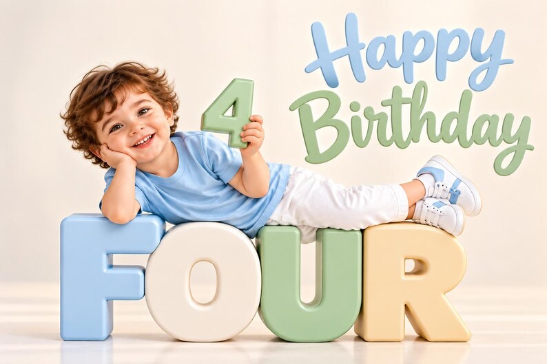 Peut inclure: Un enfant aux cheveux bruns boucl&eacute;s porte un t-shirt bleu clair et un pantalon blanc, allong&eacute; sur de grandes lettres en bloc de couleur pastel formant le mot FOUR. L'enfant tient un chiffre 4 vert, avec le texte Happy Birthday en bleu et vert.