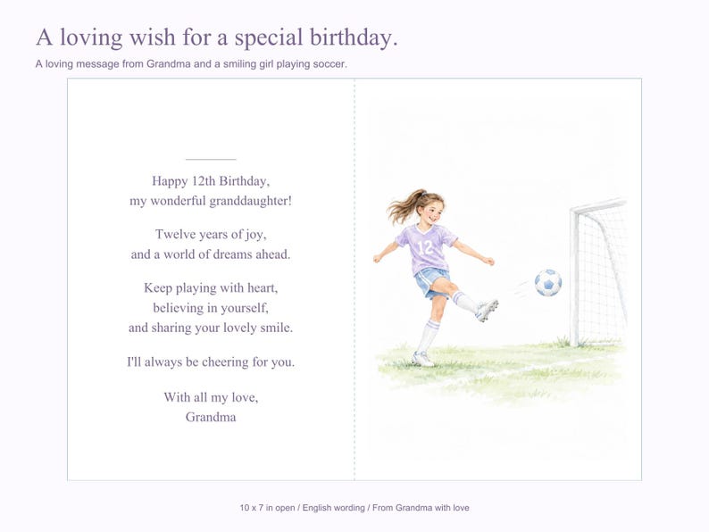 May include: A greeting card featuring the text A loving wish for a special birthday and a poem for a 12th birthday from Grandma. The illustration shows a girl in a light purple jersey and blue shorts kicking a soccer ball toward a goal.