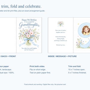 Op de afbeelding: Een printbaar verjaardagskaartsjabloon met een bloemenboeket op de voorkant en de tekst Happy 9th Birthday to my wonderful Granddaughter. De binnenkant toont een bericht en een groot blauw cijfer negen met een illustratie van een meisje.
