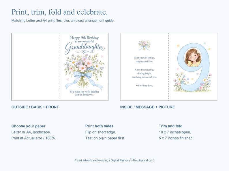 Op de afbeelding: Een printbaar verjaardagskaartsjabloon met een bloemenboeket op de voorkant en de tekst Happy 9th Birthday to my wonderful Granddaughter. De binnenkant toont een bericht en een groot blauw cijfer negen met een illustratie van een meisje.