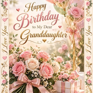 May include: A birthday greeting card featuring the text Happy Birthday to My Dear Granddaughter, decorated with pink roses, balloons with floral prints, a white gift box with a pink ribbon, and vertical borders with the text I Love You.