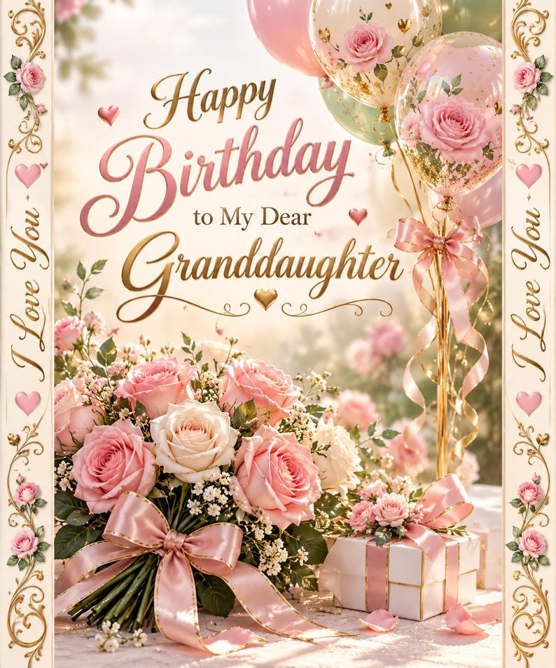 May include: A birthday greeting card featuring the text Happy Birthday to My Dear Granddaughter, decorated with pink roses, balloons with floral prints, a white gift box with a pink ribbon, and vertical borders with the text I Love You.