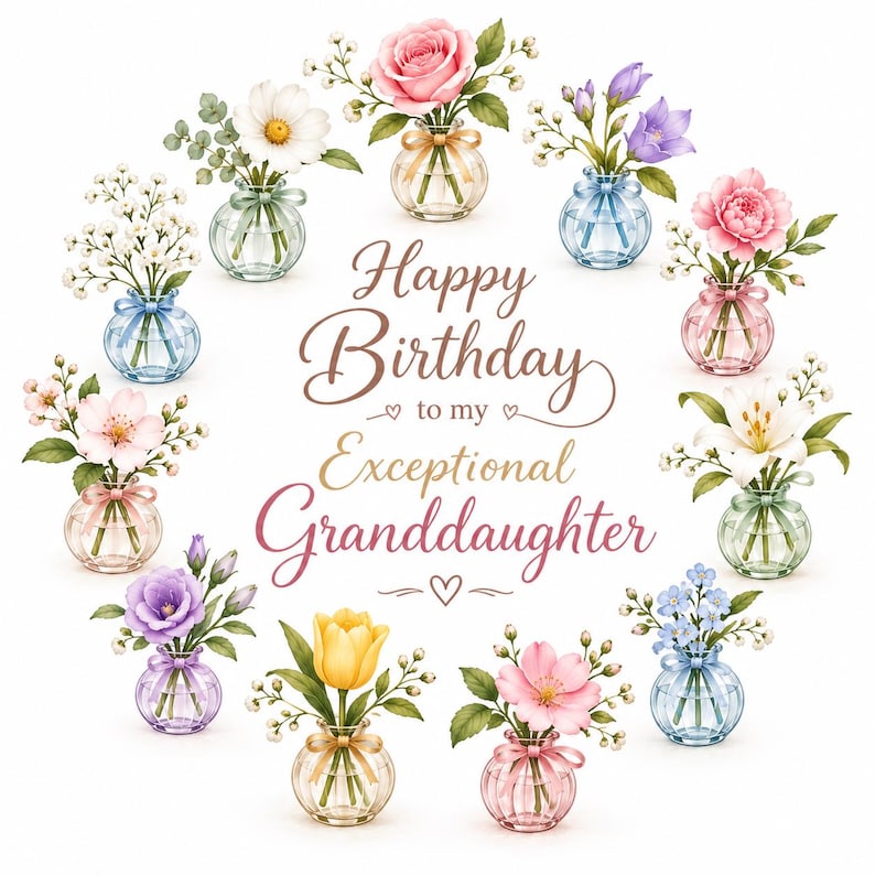 May include: A circular arrangement of twelve small glass vases, each containing different colourful flowers including roses, tulips, and lilies. The centre features the text Happy Birthday to my Exceptional Granddaughter in brown and pink script.