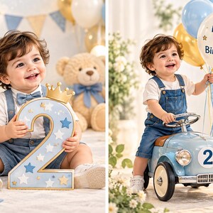 May include: A toddler wearing a white t-shirt and blue denim overalls with a bow tie, holding a large light blue number two prop with star decorations, and sitting on a light blue toy car while holding a balloon that says Happy 2nd Birthday.