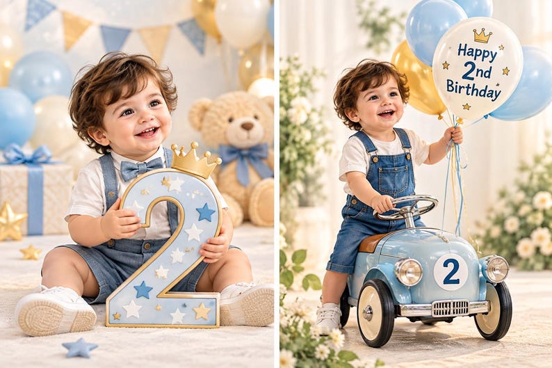 May include: A toddler wearing a white t-shirt and blue denim overalls with a bow tie, holding a large light blue number two prop with star decorations, and sitting on a light blue toy car while holding a balloon that says Happy 2nd Birthday.