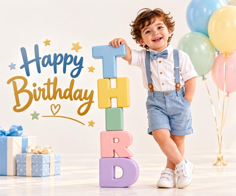 May include: A child wearing a white button-down shirt, a blue bowtie, blue suspenders, and blue shorts, standing next to a vertical stack of pastel-colored blocks spelling the word THIRD. The text Happy Birthday is displayed in blue and gold.