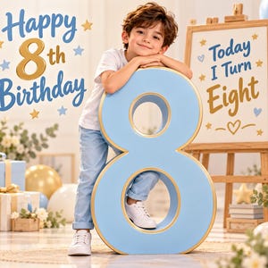 May include: A large, light blue number eight prop with gold trim. Text reads Happy 8th Birthday and Today I Turn Eight. A child in a white t-shirt and light blue pants leans on the number. The scene includes gift boxes, balloons, and a wooden easel.