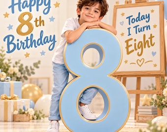 Könnte beinhalten: Eine große, hellblaue Ziffer Acht mit Goldrand. Der Text lautet Happy 8th Birthday und Today I Turn Eight. Ein Kind in einem weißen T-Shirt und einer hellblauen Hose lehnt sich an die Ziffer. Die Szene enthält Geschenke, Luftballons und eine Staffelei.