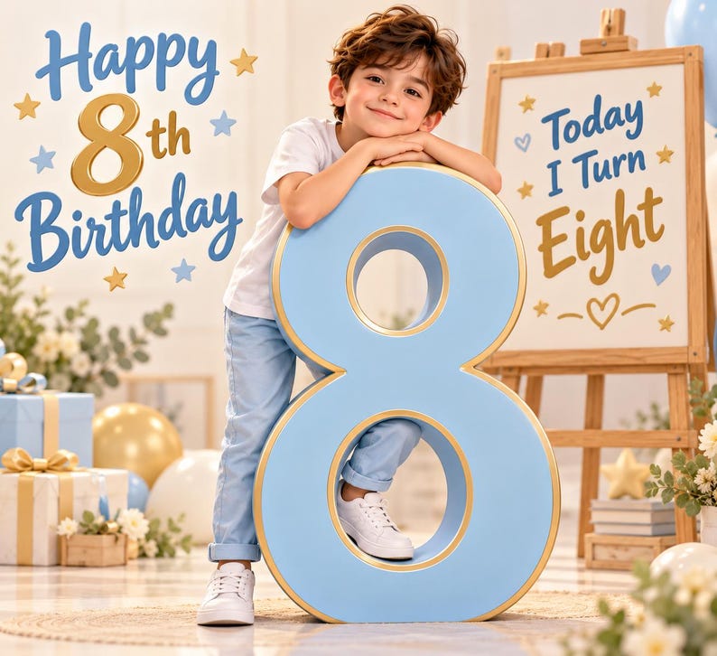 May include: A large, light blue number eight prop with gold trim. Text reads Happy 8th Birthday and Today I Turn Eight. A child in a white t-shirt and light blue pants leans on the number. The scene includes gift boxes, balloons, and a wooden easel.