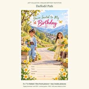 Könnte beinhalten: Eine digitale Geburtstagseinladungskarte mit dem Titel Daffodil Path, die ein Kind in einem hellblauen Anzug und ein Kind in einem gelben Kleid mit gelben Narzissensträußen zeigt. Der Text lautet You're Invited to My Birthday mit Feldern für Date, Time, Location und RSVP. Der Hintergrund zeigt eine Bergstraße.