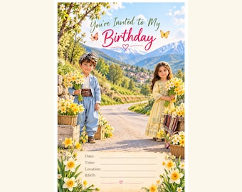 May include: A digital birthday invitation card titled Daffodil Path featuring a child in a light blue suit and a child in a yellow dress holding bouquets of yellow daffodils. The text reads You're Invited to My Birthday with fields for Date, Time, Location, and RSVP. The background shows a mountain road.