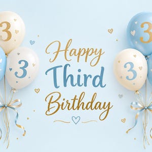 May include: Two clusters of balloons in shades of cream and light blue, each featuring the number 3 and small heart accents. The text Happy Third Birthday is centered in blue and gold script. The balloons are tied with ribbons and bows.