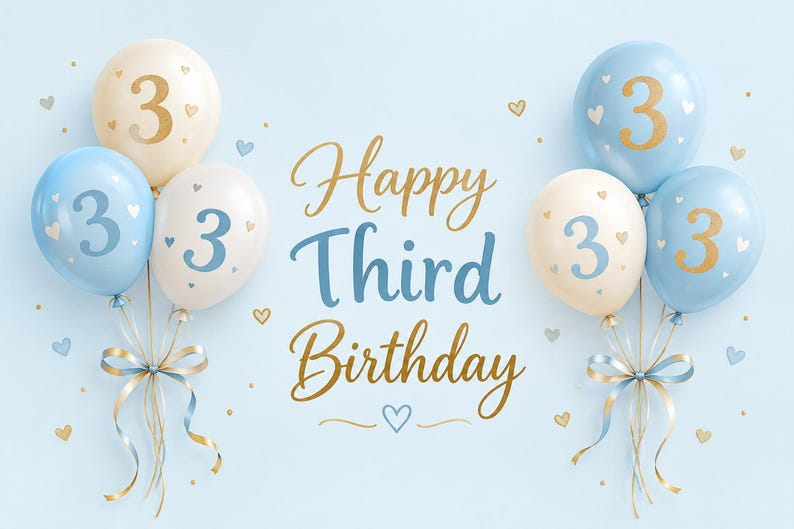 May include: Two clusters of balloons in shades of cream and light blue, each featuring the number 3 and small heart accents. The text Happy Third Birthday is centered in blue and gold script. The balloons are tied with ribbons and bows.